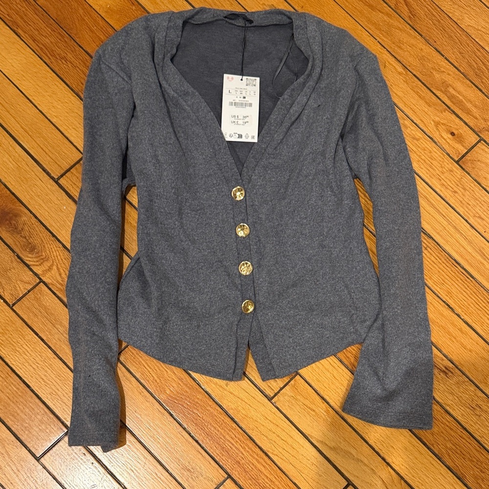 Zara Gray Button-Up Knit Cardigan with Gold Buttons